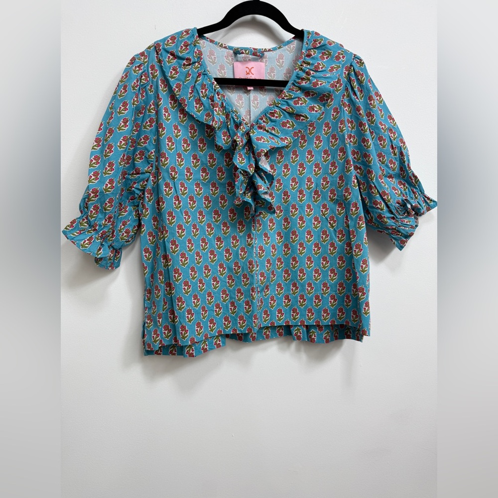 Quiet Culture blue and pink top and short set lounge pajama  print  large, EUC